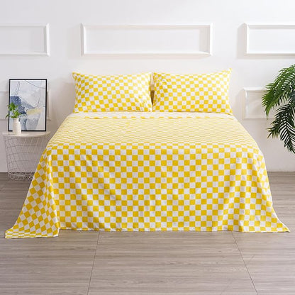 Best Season Queen Size Sheet Set 4 Piece -Microfiber Soft Durable Bedding Sheet Set,Deep Pocket,Stain,Fade & Wrinkle Resistant (Plaid Yellow&White)