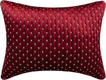 Levtex Home - Cross Stitch Velvet Red Quilt Set - Full/Queen Quilt + Two Standard Pillow Shams - Cross Stitched Pattern - Quilt Size (88x92in.) and Pillow Sham Size (26x20in.) - Reversible