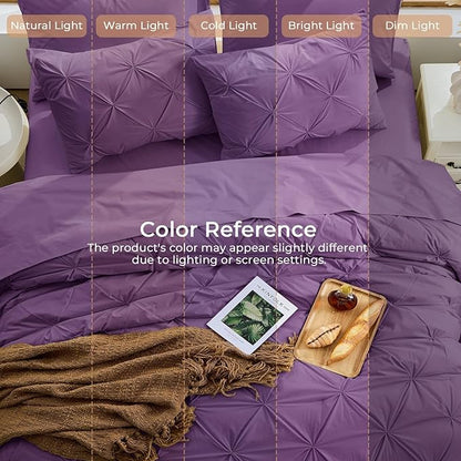 Sasttie Twin Comforter Set, 5-Piece Bed in a Bag, Pintuck Bedding Sets for All Season, Includes Comforter, Flat Sheet, Fitted Sheet, Pillowcase and Pillowsham, Grape Purple