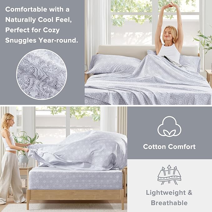 Comfort Spaces 100% Cotton Sheet Set Breathable, Lightweight, Soft with 14" Elastic Pocket Fits up to 16" Mattress, All Season Cozy Bedding, Matching Pillow Case, Full Adelia Gray 4 Piece