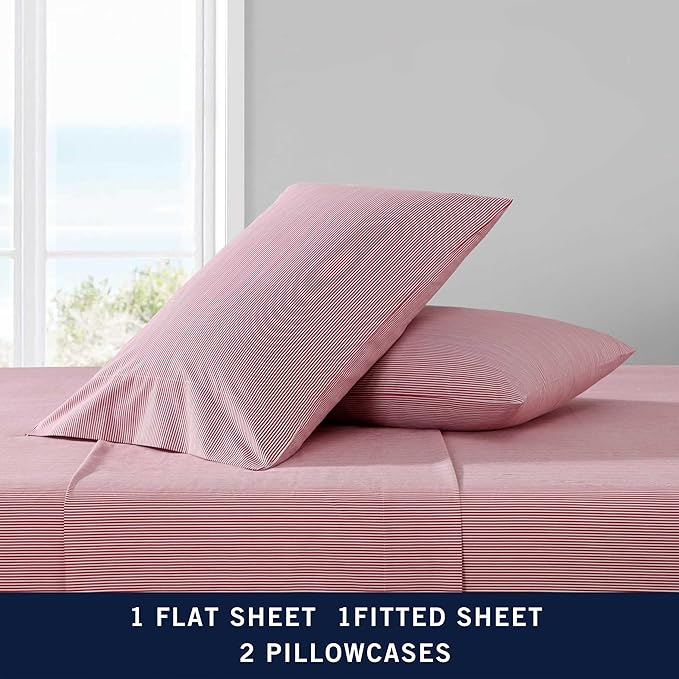 Nautica - Full Sheet Set, Lightweight & Breathable Cotton Percale Bedding Set with Matching Sham(s), Crisp & Cool Bedding Essentials, Oeko-Tex Certified (Penny Pinstripe Red, Full)
