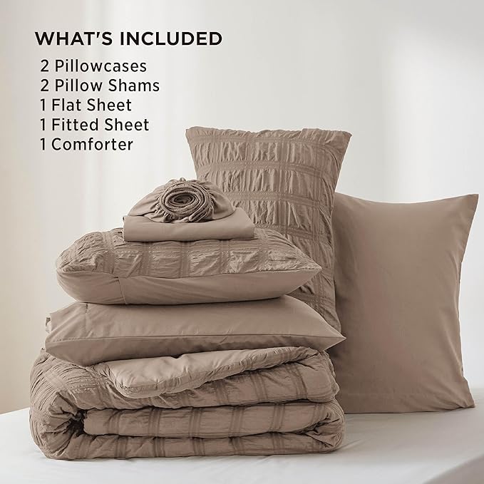 Bedsure Bed in a Bag Full - 7 Pieces Plaid Seersucker Bedding Comforter Sets, Soft Lightweight Affogat Boho Bed Set with Comforters Full Size, Sheets, Pillowcases & Shams