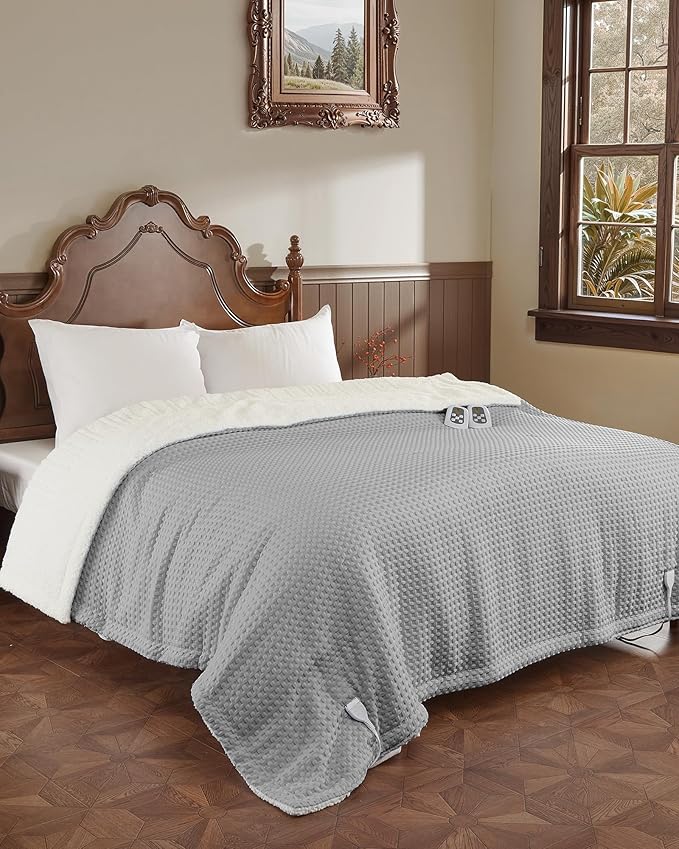 CAROMIO Heated Blanket Full Size, Waffle Weave Electric Blanket Throw with LCD Controller, Fast Heating, 10 Heat Levels & 1-12H Time Settings, ETL Certified, Machine Washable, Grey, 72" x 84"