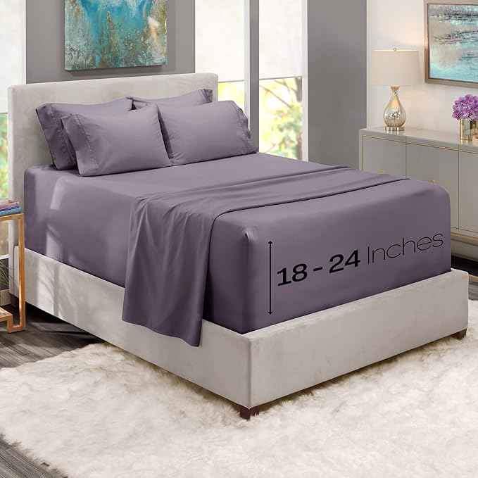 Hearth & Harbor Bed Sheets, Luxury Soft 6 Piece Bed Sheet Set Extra Deep Pocket Fitted Sheets Fits Mattress up to 21", Double Brushed Bedding Sheets & Pillowcases, Full, Purplish Gray