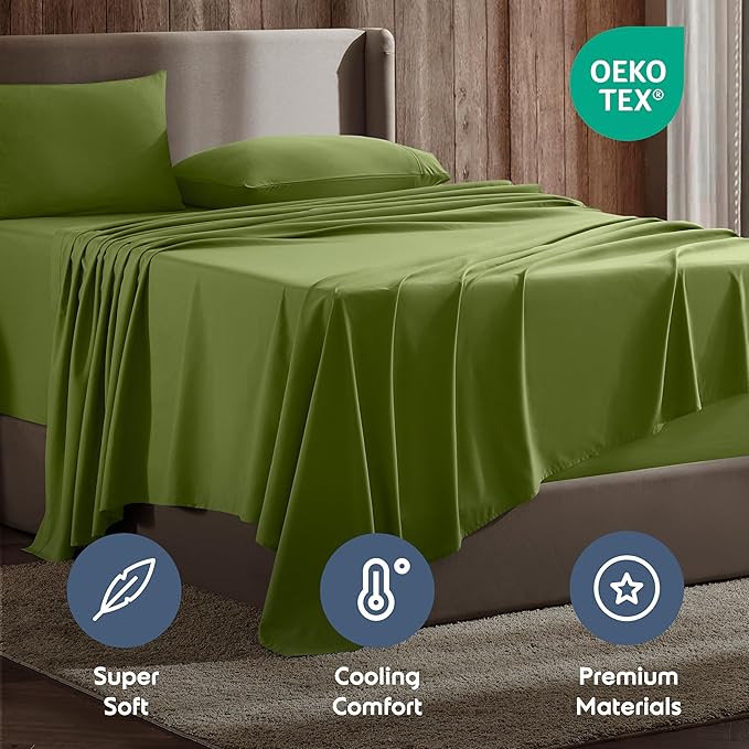 Nestl Split King Sheet Set - 1800 Ultra-Soft Microfiber Bed Sheets - Double Brushed - Deep Pockets - Easy Fit - 5 Piece Set - Bed Sheets & Pillowcases (Split King Size, Calla Green)