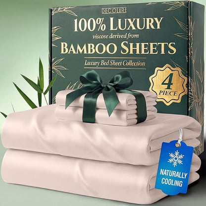 DECOLURE 100% Viscose Derived from Bamboo Sheets Twin Size - Luxury 4 Pc Naturally Cooling Sheets, Ultra Soft Bed Set - Deep 17" Pockets, Durable Double Stitching, Oeko Tex Standard (Light Pink)