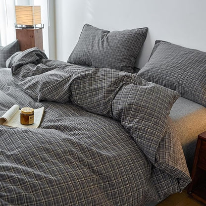 EAVD Vintage Style Grey Plaid Gingham Duvet Cover Queen 100% Washed Cotton Like Linen Feel Soft Grid Plaid Bedding Set with 2 Pillowcases Farmhouse Grid Geometric Pattern Duvet Cover with Zipper