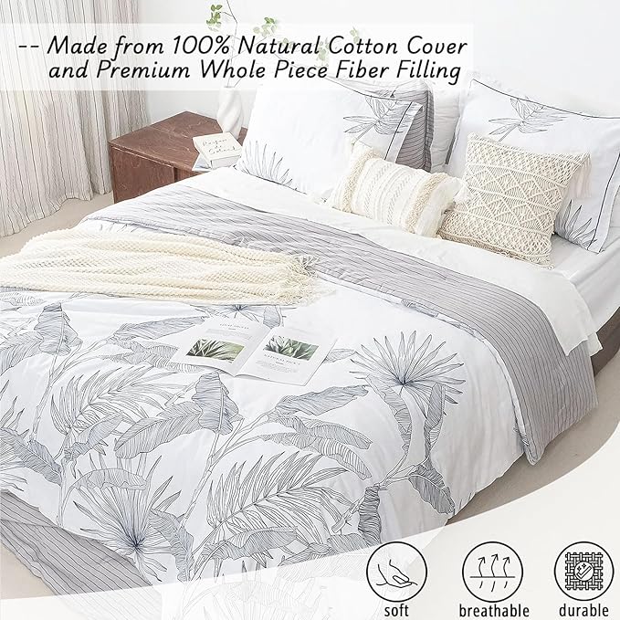 Botanical Cotton Comforter King Size - White Comforter with Delicate Black Leaves Patterns,Grey Reversible Lightweight Bedding Sets 3Pcs(Stripes)