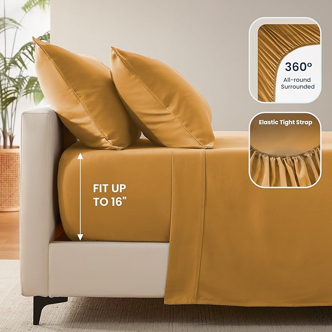 SLEEP ZONE Nanotex Super Soft Cooling Full Size Bed Sheets Set 4 Piece - Easy Care Fitted Flat Sheet & Pillowcase Sets - Wrinkle Free, Fade Resistant, Deep Pocket 16" (Dull Yellow, Full)