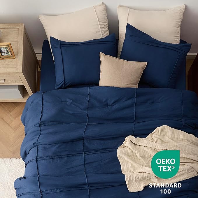Bedsure Full Comforter Set with Sheet - 4 Pieces Soft Navy Blue Bedding, Grid Pinch Pleat, All Season Lightweight Fluffy Bed Set with Solid Boho Comforter, Pillowcases & Sheet