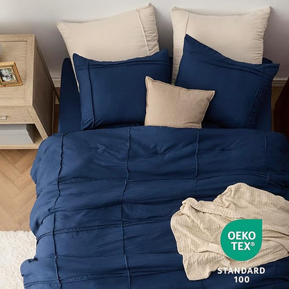 Bedsure Full Comforter Set with Sheet - 4 Pieces Soft Navy Blue Bedding, Grid Pinch Pleat, All Season Lightweight Fluffy Bed Set with Solid Boho Comforter, Pillowcases & Sheet