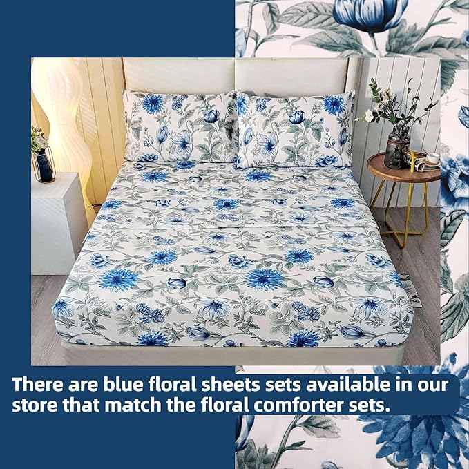 SDIII Blue Floral Comforter Set Full 3 Pieces, Soft Microfiber Cornflower Blue Comforter Full, Vintage Floral Bedding Set All Season