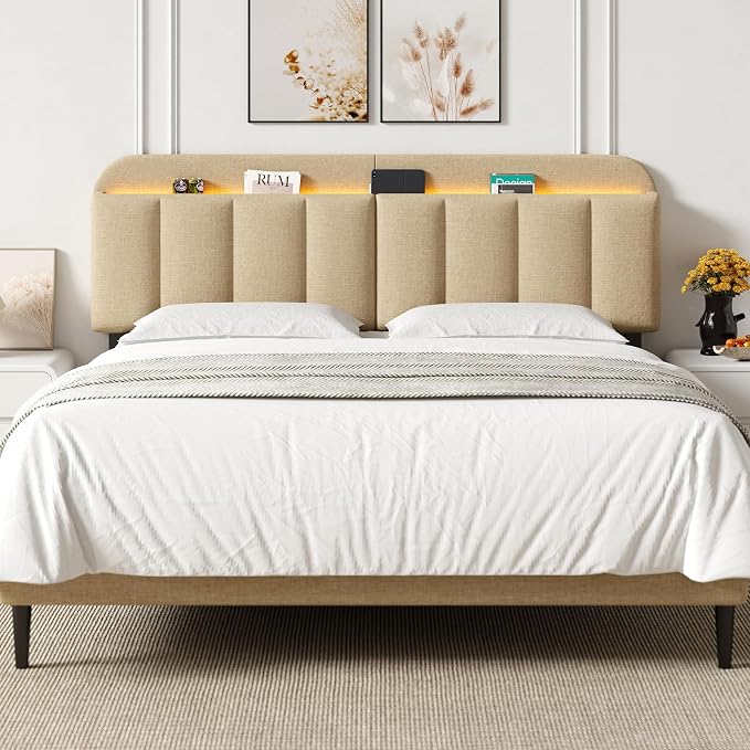 King Size Adjustable Headboard, Upholstered Headboard with Storage, APP Controlled LED Light, Padded Head Board Only, Sturdy Metal Foot Frame, Vertical Channel Design for Bedroom, Beige