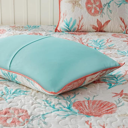 Madison Park Quilt Set Cottage Coastal Design, Starfish Print - All Season, Coverlet Bedspread Lightweight Bedding Layer, Shams, Toss Pillows, Full/Queen(90"x90"), Pebble Beach Coral 6 Piece