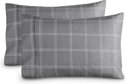 Bare Home Microfiber Pillow Cases - King Size Set of 2 - Cooling Pillowcases - Double Brushed - Pillowcases 2 Pack - Easy Care (King, Modern Plaid - Grey/White)
