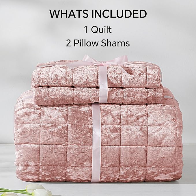 BEDELITE Velvet Quilt Set Queen Size - Luxury Velvet Comforter Bedding Set 3 Pieces, Lightweight Soft Cozy Shiny Dusty Pink Oversized Bedspread Coverlet for All Seasons with 2 Pillow Shams