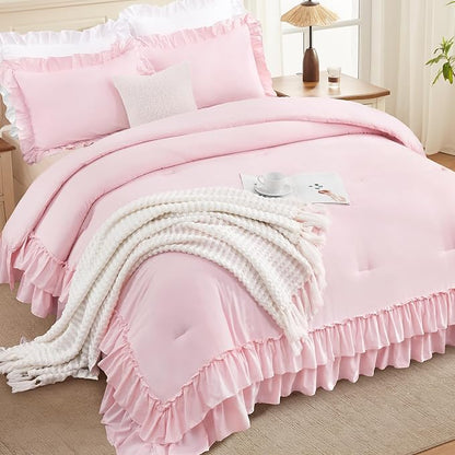 Andency Pink Ruffle Comforter Full Set, 3pcs Vintage Farmhouse Shabby Chic Bedding Comforter Set, Soft Lightweight Fluffy Bed Comforter Sets All Season Bedding Set