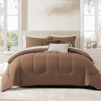 Monbix King Size Comforter Set - 7 Pieces Bed in a Bag King, Brown Track Stitching Bedding Sets, All Seasons Comforter Bed Set with Sheets