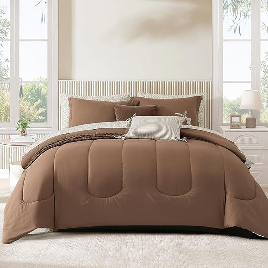 Monbix King Size Comforter Set - 7 Pieces Bed in a Bag King, Brown Track Stitching Bedding Sets, All Seasons Comforter Bed Set with Sheets