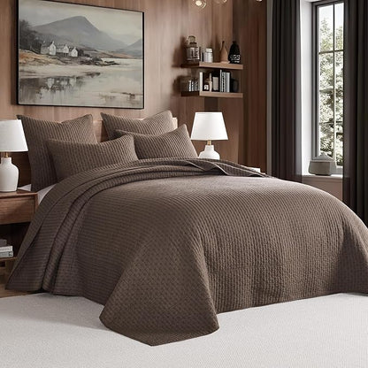 Levtex Home Cross Stitch Reversible Queen Bedspread Set (104x106in) with 2 Pillow Shams (26x20in) - Stitch Texture - Cocoa - Cotton Queen Size Bedspread Set - Lightweight, Soft, Pre-Washed