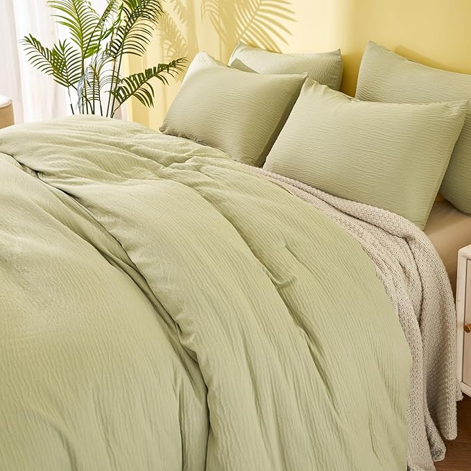 Queen Size Comforter Set Desert Sage, 3 Pieces Double-Layer Crinkle Yarn Bedding, All-Season Lightweight Warmth with 2 Pillowcases