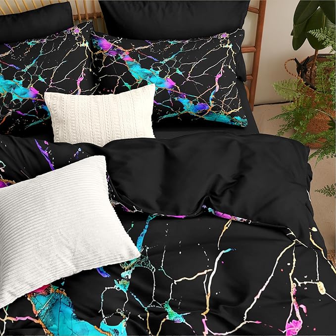 Black Comforter Set King Size, Abstract Marble Bedding Sets with Neon Gardient Texture, 3Pcs Soft Microfiber Quilted Comforter for All Season, 104"x90"