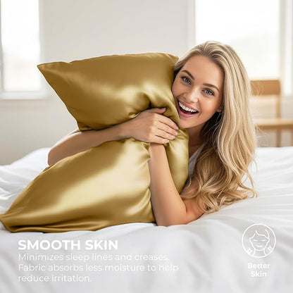 Satin Pillowcase 2 Pack - Queen Size (20"x30", Gold) - Silky Pillow Cases for Hair and Skin - Satin Pillow Covers with Envelope Closure - Extra Soft Premium Microfiber