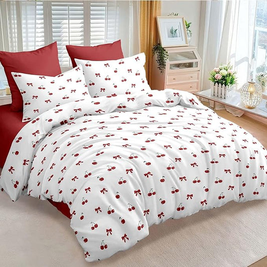 Nayoroom Red Cherry Comforter Set Queen Size Cute Bow Comforter 3 Pieces Soft Lightweight Kids Girls Aesthetic Dorm Bedding Set for All Seasons