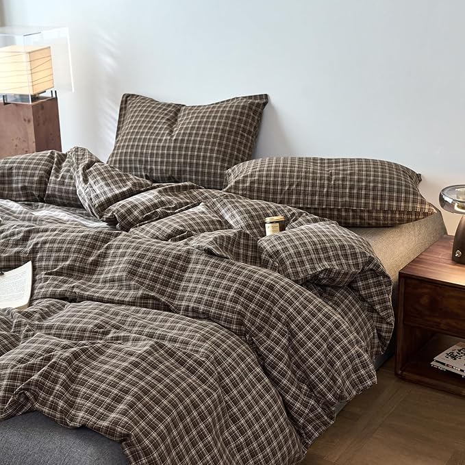 EAVD Vintage Style Dark Grey Gingham Plaid Duvet Cover King 100% Washed Cotton Like Linen Feel Soft 3-Piece Grid Plaid Bedding Set with 2 Pillowcases Reversible Geometric Duvet Cover with Zipper