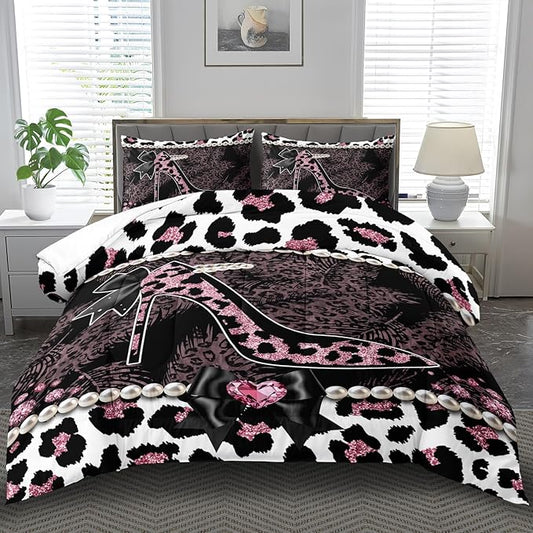 Sexy High Heels Leopard Print Comforter Set Full GirlsRed Cheetah Print Bedding Set Women High Heels Leopard Comforter Animal Quilt Bedroom Decor Cheetah Bedding Bed Decor