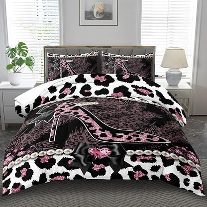 Sexy High Heels Leopard Print Comforter Set Queen Girls Red Cheetah Print Bedding Set Women High Heels Leopard Comforter Animal Quilt Bedroom Decor Cheetah Bedding Bed Decor