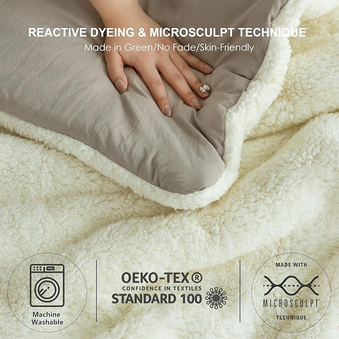 COTTEBED Fluffy Sherpa Warm Winter Comforter King Size Bed, Reversible Plush Fleece Sherpa California King Down Comforter Sets Pillow Sham, Cozy Ultra-Soft Thick Washed Cotton Bedding Set, Beige White