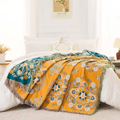 Boho Throw Blanket, 100% Cotton Ultra Soft Luxury Throw Rustic Quilt, Floral Printed Farmhouse Decor Bed Summer Blankets, All Season Rustic Reversible Bohemian Throw for Bed (80"x90" Yellow