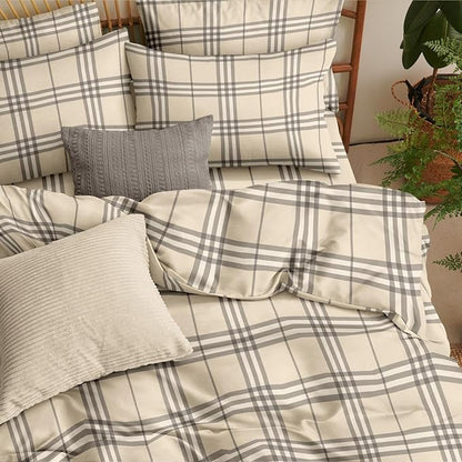 Nayoroom Plaid Duvet Cover Queen Size Vintage Tan Cream Gingham Checkered Duvet Cover Dorm Bedding Set 3 Pieces Soft Lightweight Microfiber Farmhouse Bedding Set Gifts for Women Men