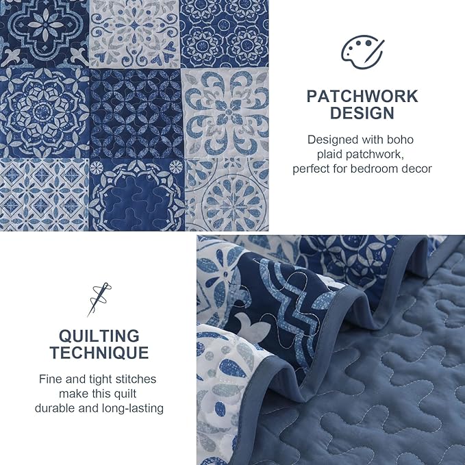 Dobuyly Boho Quilt Set Queen Size Navy Blue Plaid Patchwork Bedspread Coverlet Set, 3 Pieces Summer Quilt Bedding Set Soft Lightweight Navy Boho Farmhouse Bed Cover for All Seasons 96"x90"