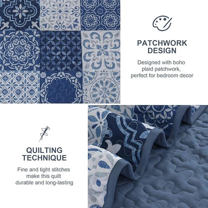 Dobuyly Boho Quilt Set King Size Navy Blue Plaid Patchwork Bedspread Coverlet Set, 3 Pieces Summer Quilt Bedding Set Soft Lightweight Navy Print Boho Bed Cover for All Seasons 110"x90"