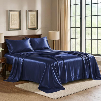 Satin Sheets California King [4-Piece, Midnight Blue] Hotel Luxury Silky Bed Sheets - Soft Microfiber Sheet Set, Wrinkle, Fade, Stain Resistant - Deep Pocket Fitted Sheet, Flat Sheet, Pillow Cases