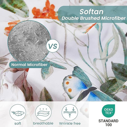 Softan Green Floral Full Sheet Set, Cozy Microfiber Butterfly Printed Fitted Bed Sheet with 15" Deep Pockets & Non-Slip Straps, Cute Girls Patterned Double Sheets & Pillowcase Set