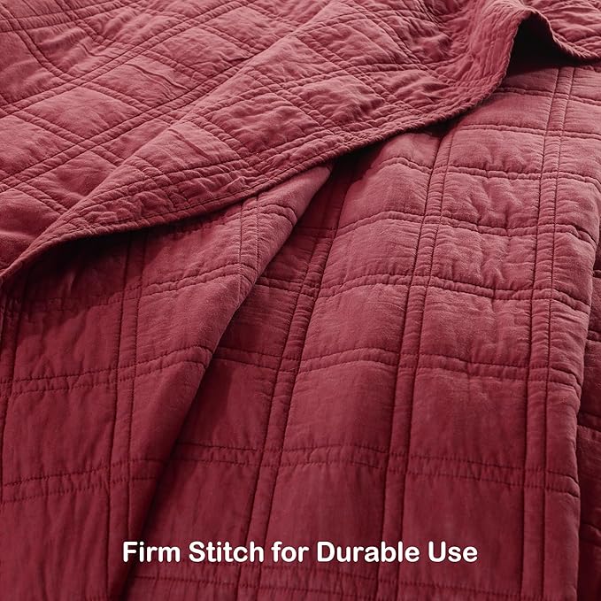 HORIMOTE HOME 100% Cotton Quilt Set King Size, Burgundy Red Pre-Washed Bedspreads Coverlet Set in Geometric Pattern, Cozy Lightweight Stitching Decorative Bedding Cover with 2 Shams for All Season