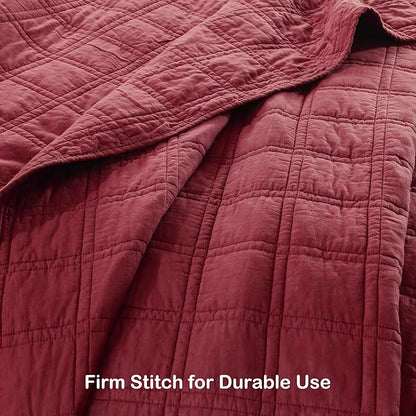 HORIMOTE HOME 100% Cotton Quilt Set King Size, Burgundy Red Pre-Washed Bedspreads Coverlet Set in Geometric Pattern, Cozy Lightweight Stitching Decorative Bedding Cover with 2 Shams for All Season
