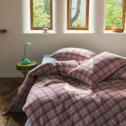 EAVD Vintage Style Red&Blue Gingham Duvet Cover King Soft 100% Cotton Muslin Yarn-Dyed Textured Retro Grid Plaid Bedding Set Reversible British-Style Gingham Bedding Set with Zipper Closure