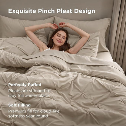 Bedsure King Size Comforter Set Beige - Bed in a Bag Bedding Set 7 Pieces, GentleSoft™ Pintuck Bed Set Gift for Family, Pinch Pleat Beige Comforter with Sheets, Pillowcases & Shams