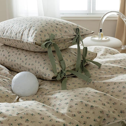 VM VOUGEMARKET Duvet Cover Set Queen 100% Cotton 3 Pcs Girls Green Blossom Flower Comforter Cover with Zipper Closure,Cottagecore Style Duvet Cover + 2 Pillowcases with Bowknot-90x90 Inch
