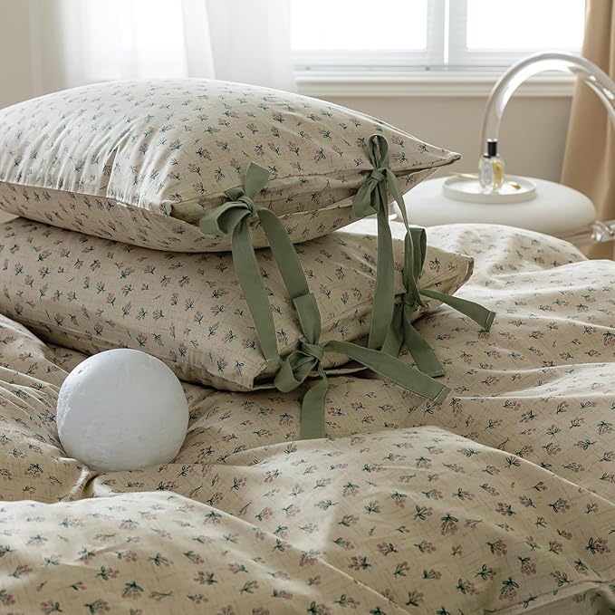 VM VOUGEMARKET Duvet Cover Set Twin 100% Cotton 3 Pcs Girls Green Floral Comforter Cover with Zipper Closure,Cottagecore Style Duvet Cover + 2 Pillowcases with Bowknot-68x86 Inch