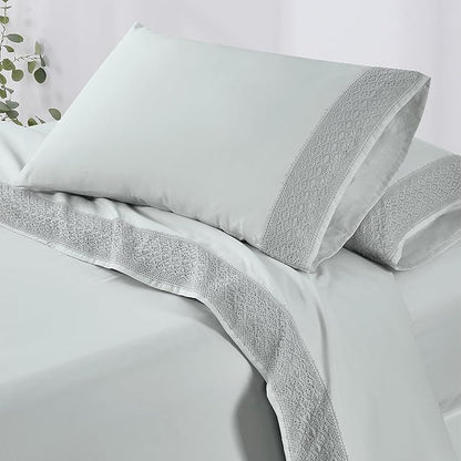 Modern Threads 4 Piece Microfiber Sheet Set – Soft Cooling Bed Sheets with Crochet Lace – Deep Pocket, Wrinkle Free, Breathable, Hotel Luxury Bedding, Pale Aqua, King