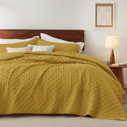 Bedsure Quilts Queen Size - Lightweight Bedspreads Queen Size with Basket Weave Pattern, Soft Quilt Bedding Set, Mustard Yellow Comforter Set Coverlet for All Seasons with 2 Pillow Shams (90" x 96") | Skin-Friendly Soft, All-Season Comfort, Breathable,...