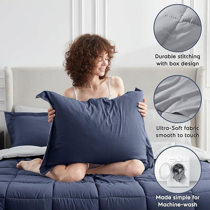 Nestl 7 Piece Queen Comforter Set – Navy Reversible Bed in a Bag – Complete Queen Size Bedding Set with Sheets, Pillowcases and Shams