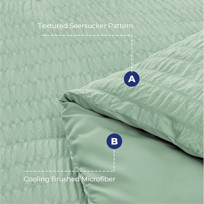 HYMOKEGE Sage Green Duvet Cover Queen Size, Ultra Soft 3-Piece Seersucker Duvet Cover Set with Zipper Closure, Soft Brushed Microfiber Bedding Set with 8 Corner Ties (90"x90", 2 Pillowshams)