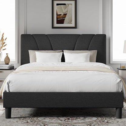 Novilla King Size Bed Frame with Adjustable Headboard Platform King Bed Frame Linen Fabric Upholstered Headboard, No Box Spring Needed, Noise-Free, Wooden Slats Support, Easy Assembly, Dark Grey