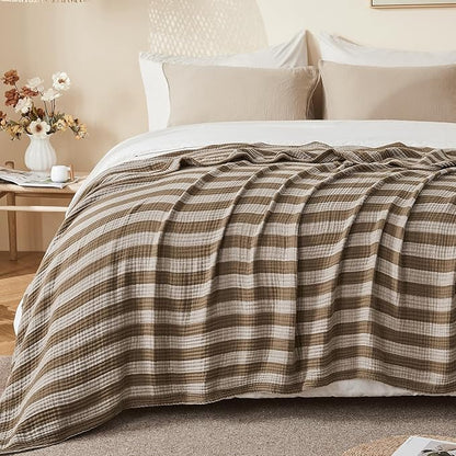EMME Cotton Muslin King Blanket Bed Layering Bedspread Coverlet Breathable Gauze Soft Lightweight (Striped Brown, 108"x90")